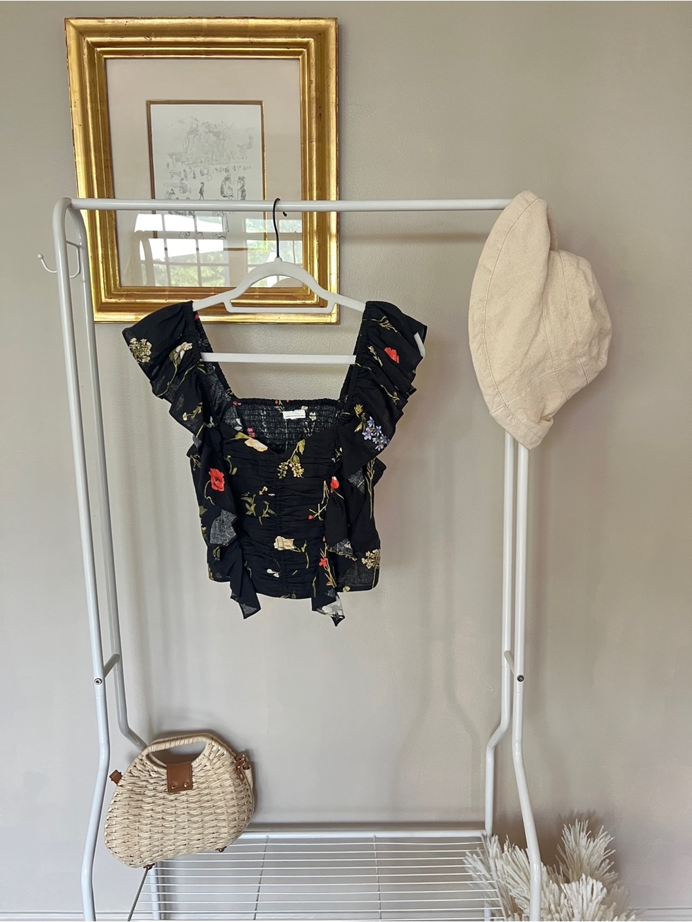 H&M Black Floral Smocked Tank with Ruffle Straps